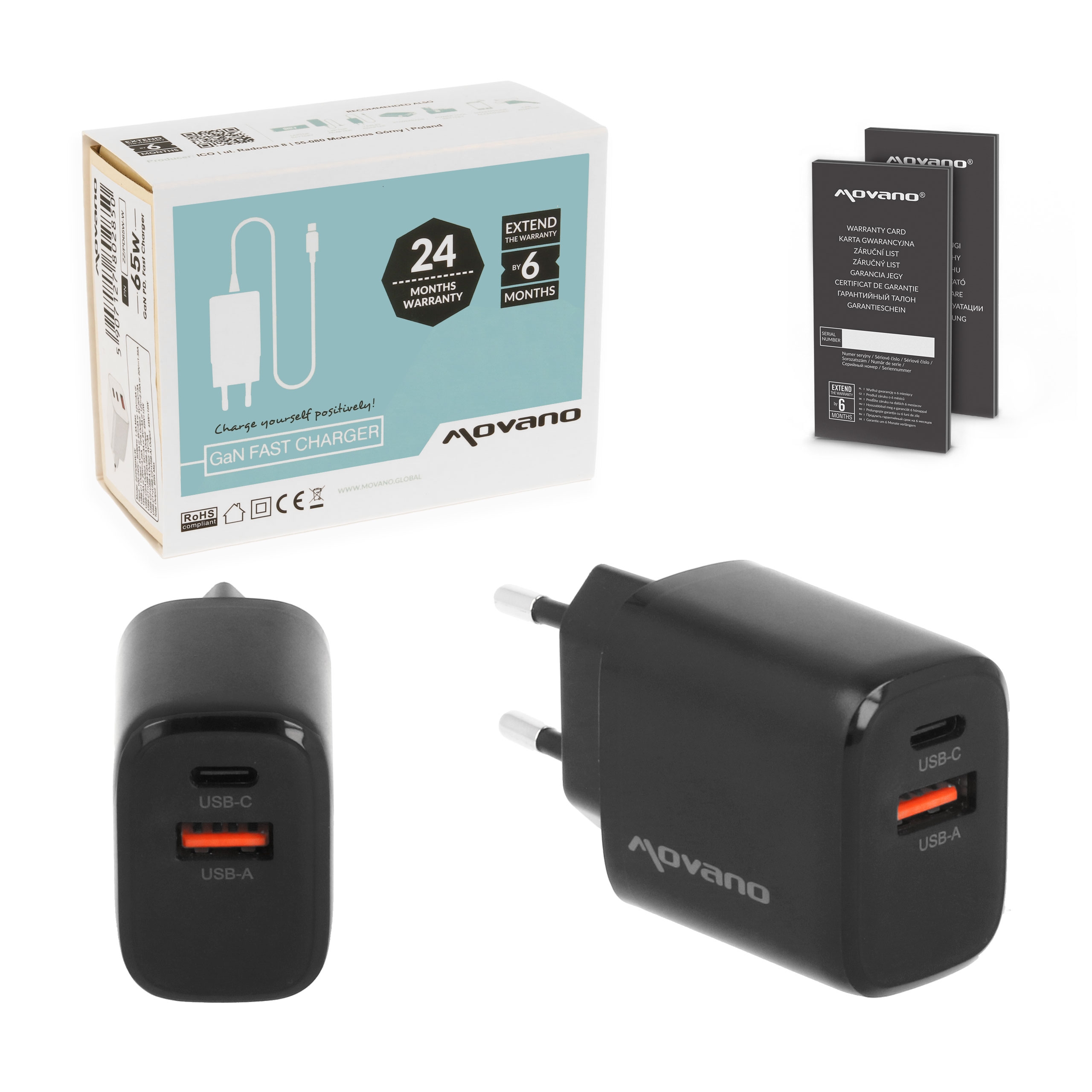 Ładowarka Movano GaN 20W USB-C PD + USB-A (black)