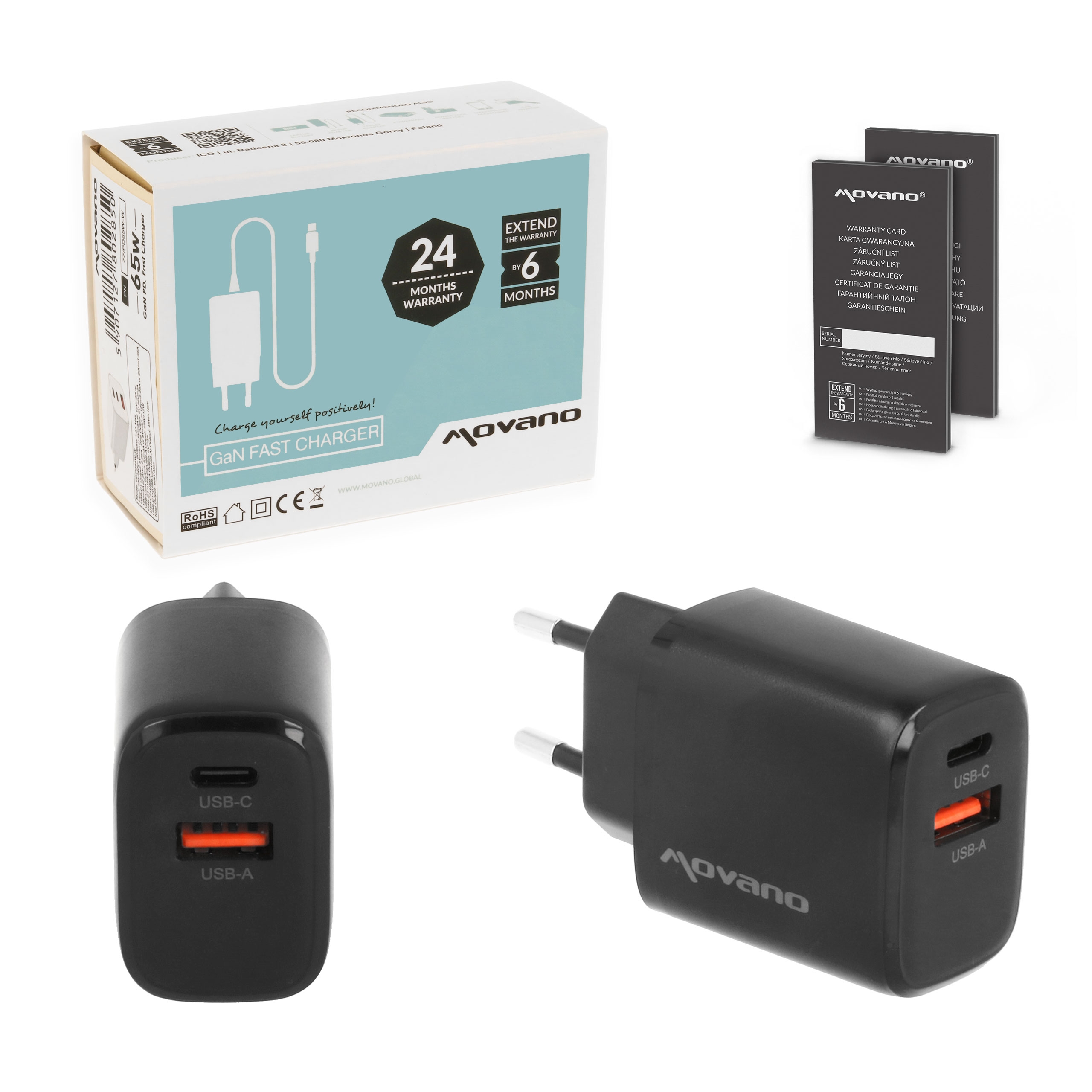 Ładowarka Movano GaN 30W USB-C PD + USB-A (black)